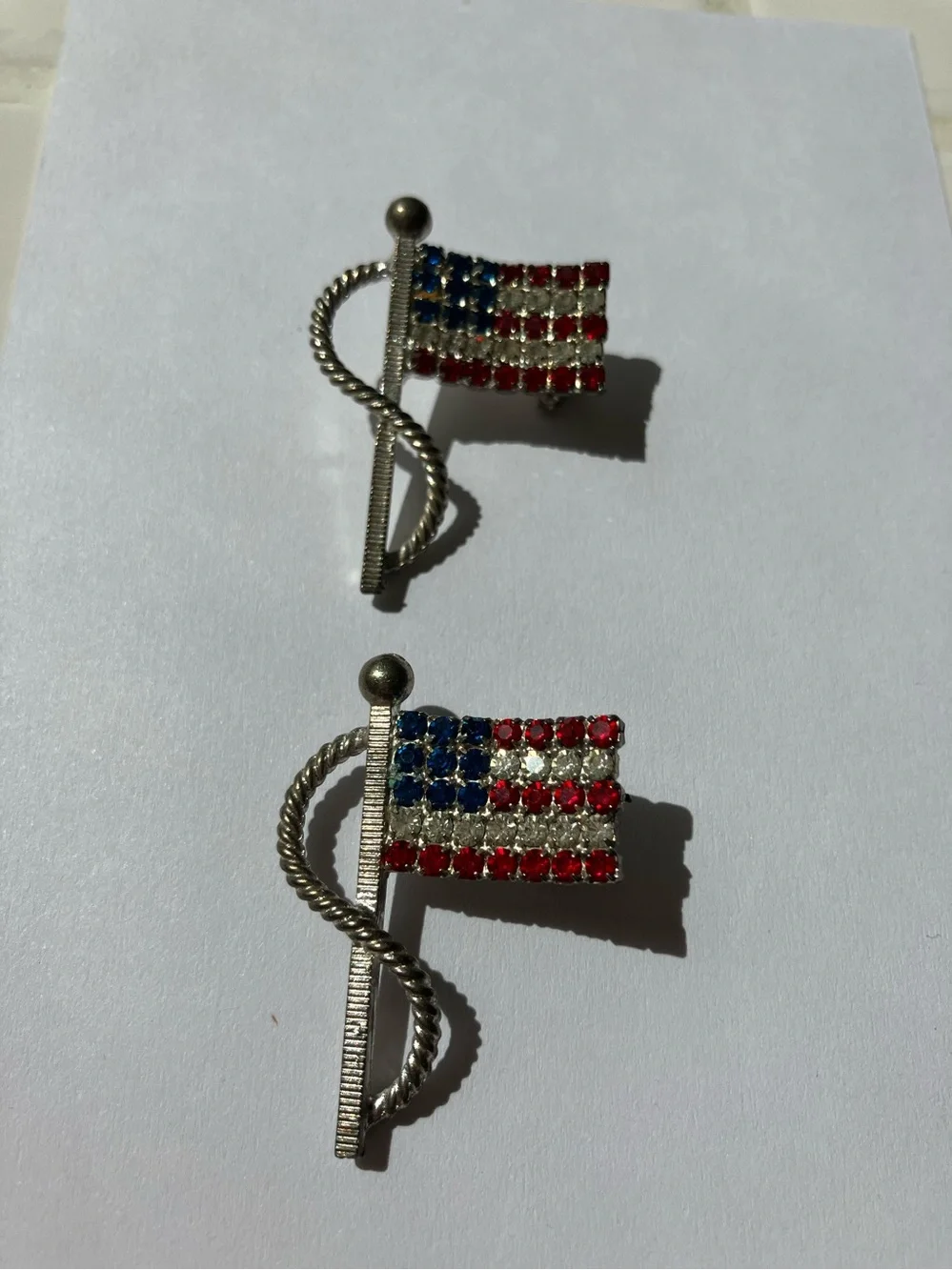 Vintage American Flag Patriotic Rhinestone Brooches - pair of 2 pins